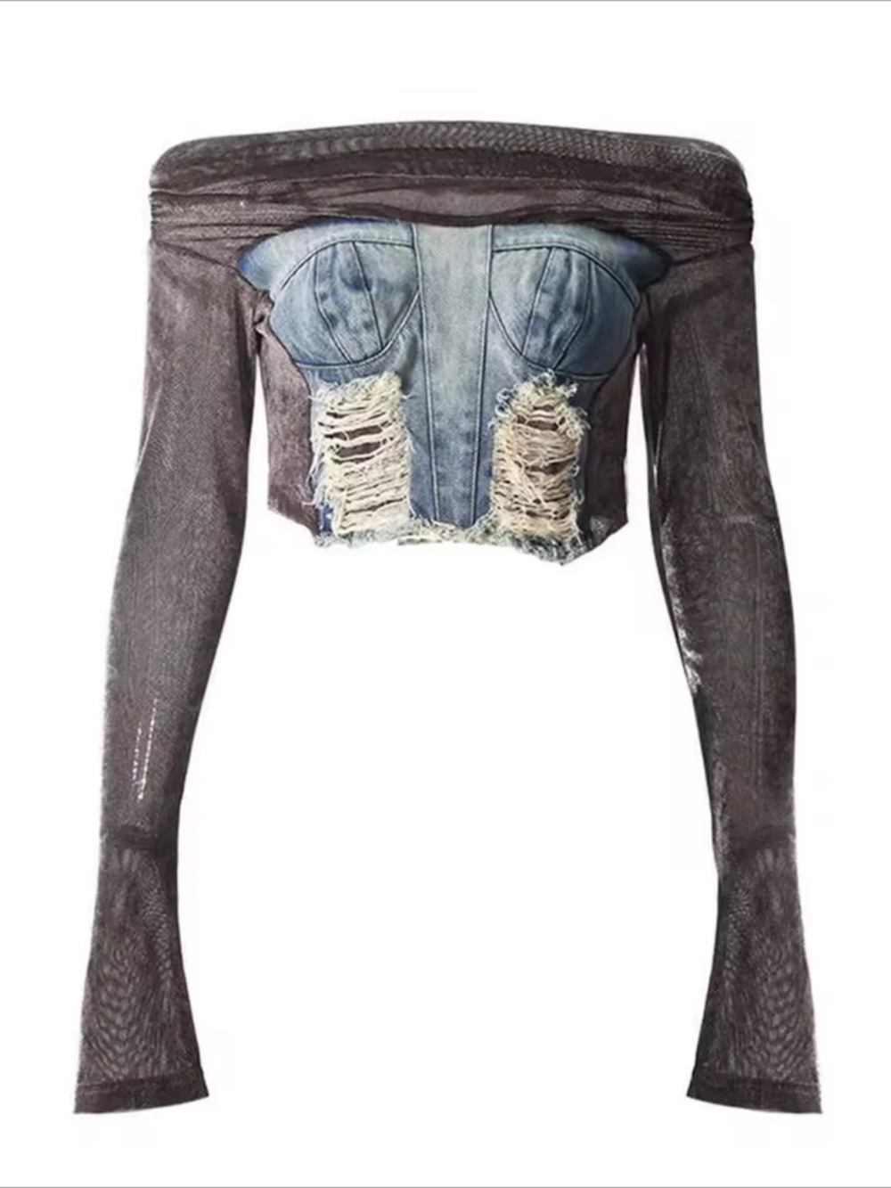 Off-Shoulder Distressed Denim Bustier Top in Black and Light Blue